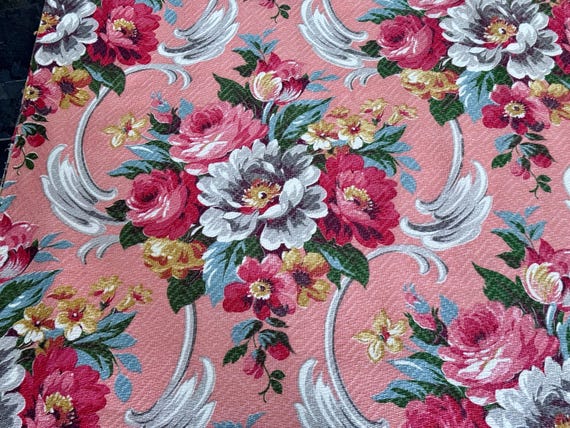 Coral Blush Tangerine Neoclassical Cottage Barkcloth Vintage Fabric Yardage Cabbage Rose Upholstery Material 8YDS Avail