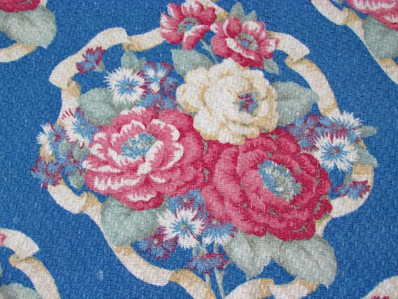 Rococo 1930’s Sky Blue Floral Barkcloth Vintage Fabric Drape Curtain for Home Decor 4 Avail