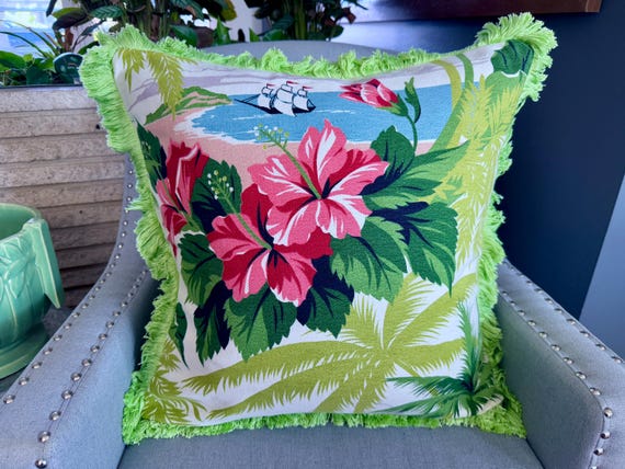 Key West Island Life Clipper chip & Hibiscus Art Mid Century Barkcloth Fabric PILLOW