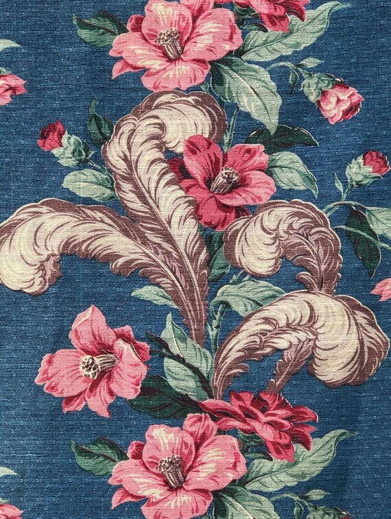 1920's Aquamarine Blue Victorian Barkcloth Vintage Fabric by the Yard Upholstery 6YDS Avail.