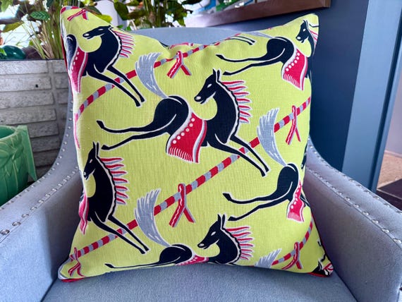 Rodeo Swizzle Stick on Chartreuse Art Deco Miami Beach Mid Century Barkcloth Vintage Fabric PILLOW