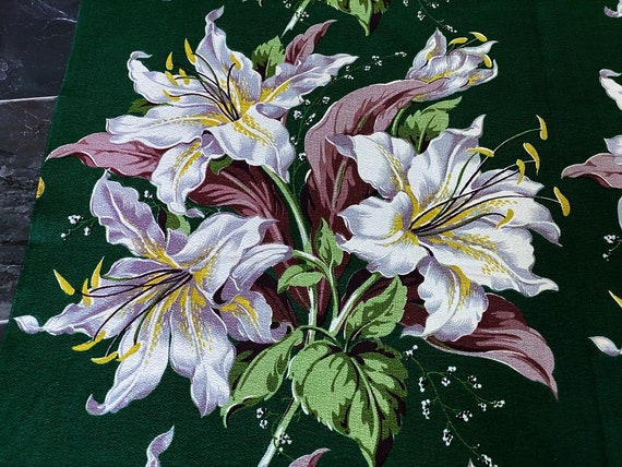 2.3YDS Chartreuse Casablaca Lilies on Emerald Barkcloth Vintage Fabric