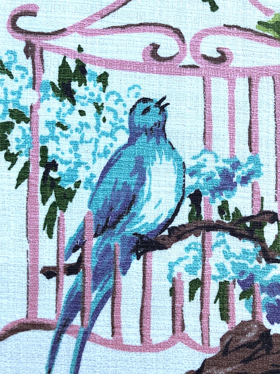 Skylark by Imperial 1940's Birds & Birdcages Barkcloth Vintage Fabric Original Yardage for Upholstery Pillows