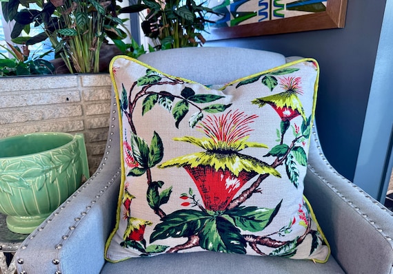 Design SIAM Oriental Gardens 50's Mid Century Barkcloth Vintage Fabric Reversible PILLOW