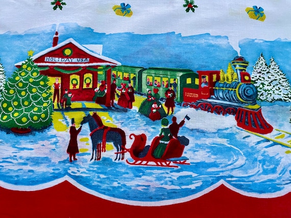 3YDS Holiday USA Winter Wonderland Christmas Train Vintage Fabric Novelty Skirt Border Print