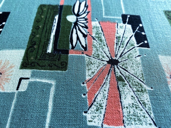 Atomic Biomorphic Mobiles on Celadon Barkcloth Era Vintage Fabric Mid Century 5YDS Avail. BTY