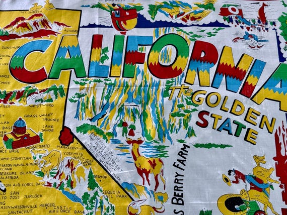 CALIFORNIA 1950’s Souvenir Rayon Scarf Vintage Fabric Tourism Textiles