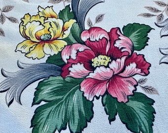 30's Camelia Roses & Chrysanthemums on White Barkcloth Vintage Fabric Drape Curtain
