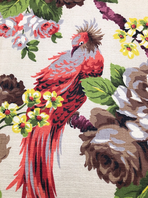 Tropical Red Birds Barkcloth Vintage Fabric Hollywood Regency Drape Curtain 2 Avail.