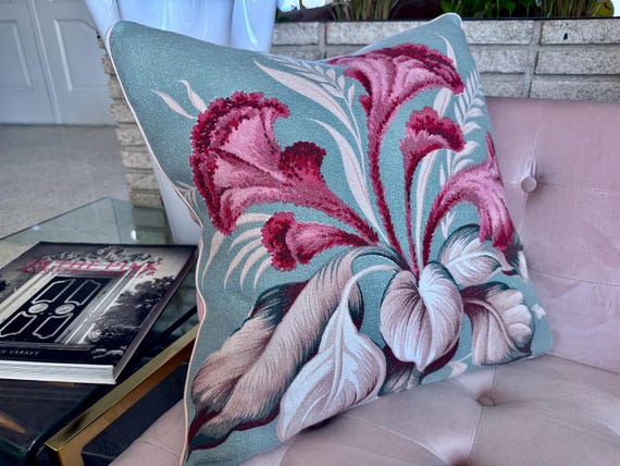 Lavender Pinks Cockscomb on Aqua 30’s Hollywood Regency Barkcloth Vintage Fabric PILLOW