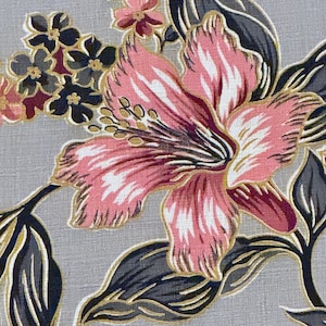 1940’s Stylized Pink Hibiscus Hawaiian Tropical Mid Century Barkcloth Vintage Fabric 10YDS available.