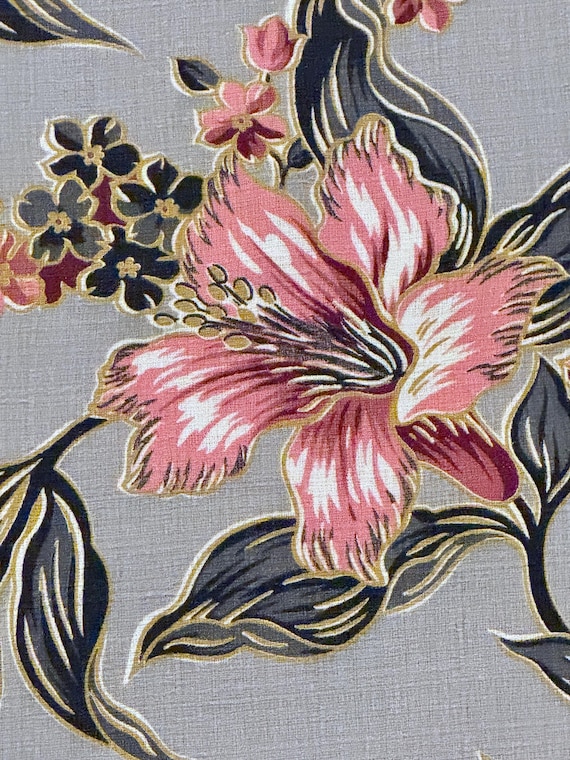 1940’s Stylized Pink Hibiscus Hawaiian Tropical Mid Century Barkcloth Vintage Fabric 10YDS available.