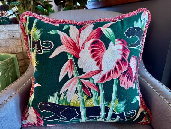 Jungle Life Miami Beach Panther & Palms Art Deco Mid Century Vintage Fabric PILLOW