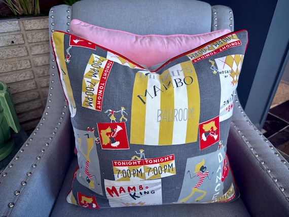 Mambo King TICKETS Miami Beach Mid Century Barkcloth Vintage Fabric PILLOW