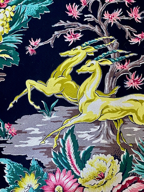 30's Art Deco MIAMI BEACH Leaping Gazelles Barkcloth Fabric Unused Salesman Sample