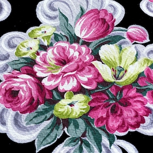 Rococo Cottage Roses on Black Barkcloth Vintage Fabric Yardage Dorothy Draper style 1930&#39;s