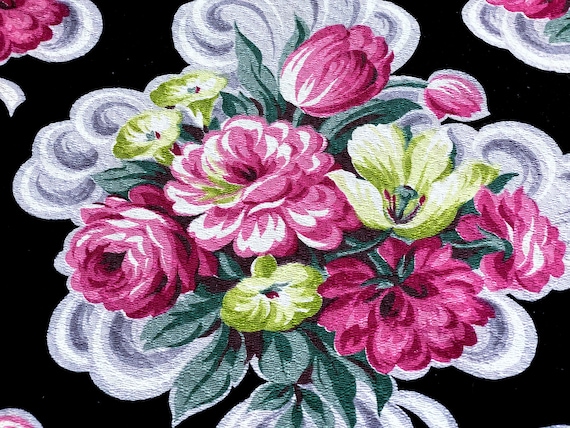 Rococo Cottage Roses on Black Barkcloth Vintage Fabric Yardage Dorothy Draper style 1930's