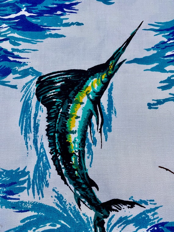 60's 70's Leaping MARLINS Barkcloth Fabric Vintage MIAMI BEACH Beat!