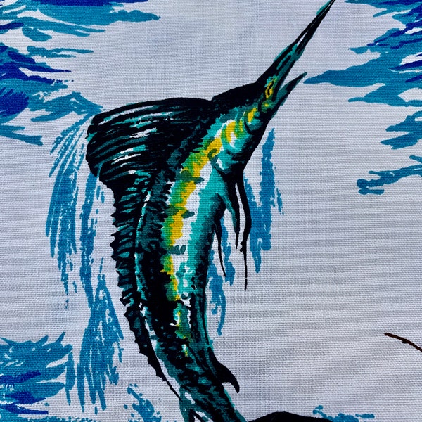 60's 70's Leaping MARLINS Barkcloth Fabric Vintage MIAMI BEACH Beat!