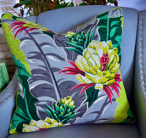 Electric Chartreuse BANANA Leaves BARKCLOTH Mid Century Vintage Fabric PILLOW