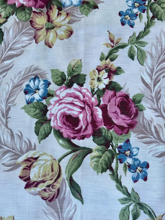 30’s Pink Roses & Latte Ferns Neoclassical Barkcloth Faille Vintage Fabric 6YDS Avail.