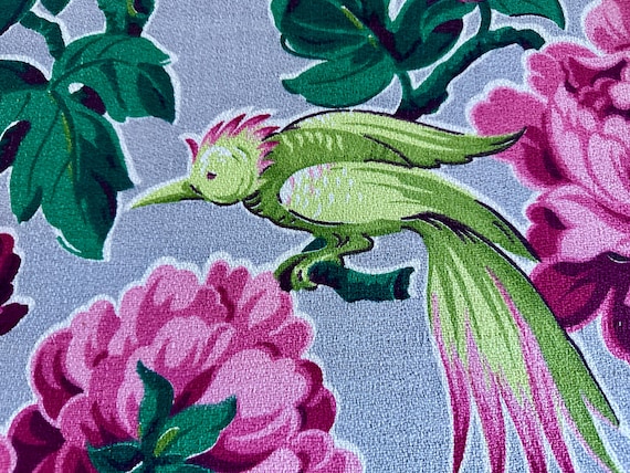 28YDS Avail! 1930's Juicy BLOOMS Chartreuse Birds Barkcloth Vintage Upholstery Fabric