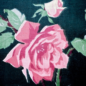 May include: A close-up of a pink rose with green leaves on a dark blue background. The rose is in full bloom and has a delicate, feminine look.