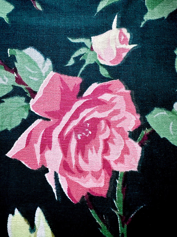 Swank Hollywood Glam 1930’s Sherbet ROSES on Dark Teal Vintage Barkcloth Era Fabric for Upholstery Pillows Home Decor