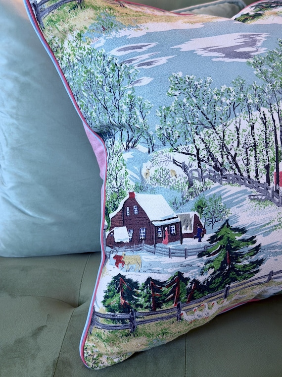 Springtime on the Farm Grandma Moses Art Deco Miami Beach Mid Century Barkcloth Vintage PILLOW CVR