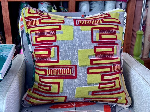 Industrial Geometric mts Miami EGRETS 50's Abstract Atomic Art Deco Barkcloth Fabric PILLOW