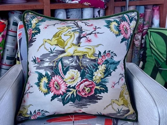 Leaping Gazelles on Cream Art Deco Miami Beach Mid Century Barkcloth Vintage PILLOW