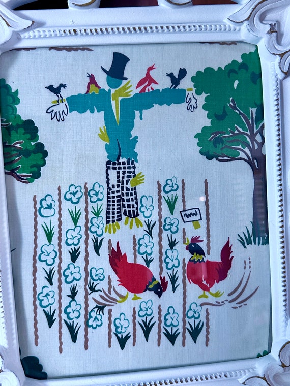 1940's Scarecrow Birds & Chickens Custom Framed Novelty Farm Vintage Fabric Art