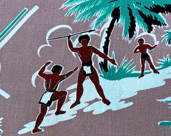 Polynesian Island Life Vintage Fabric Hawaiian South Pacific Islands 1940's Cotton
