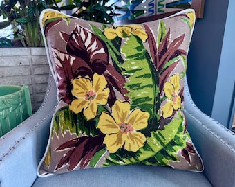 Mai Kai Polynesian Revue Hawaiian Hibiscus Mid Century Barkcloth Vintage Fabric PILLOW Cover