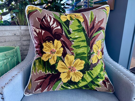 Mai Kai Polynesian Revue Hawaiian Hibiscus Mid Century Barkcloth Vintage Fabric PILLOW