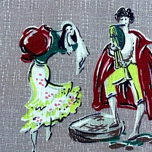 Flamenco Dancers & Adobe Castles Barkcloth Vintage Fabric Yardage 1950&#39;s Mid Century 3YDS Avail.
