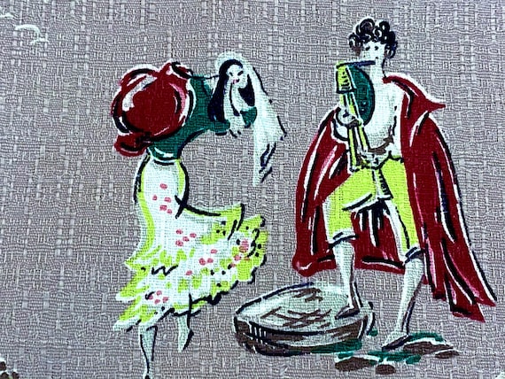 Flamenco Dancers & Adobe Castles Barkcloth Vintage Fabric Yardage 1950's Mid Century 3YDS Avail.