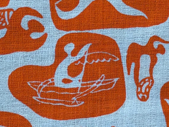 50s Atomic Hawaii POPS of ORANGE Space Age Mid Century Barkcloth Vintage Fabric