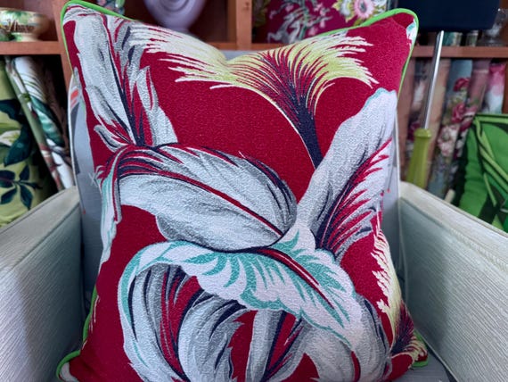 1930's Red Zomba & Tropical Art Deco MIAMI BEACH Mid Century Barkcloth Fabric PILLOW