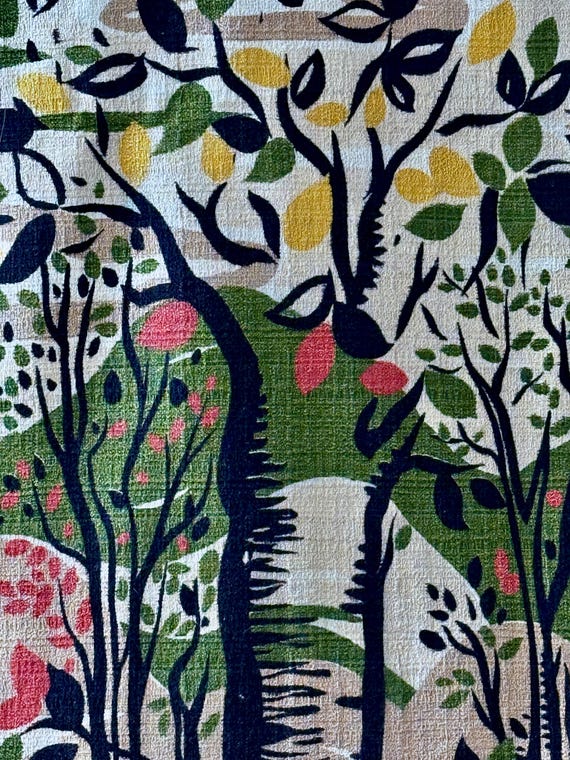 3.3YDS Unused Biomorphic 1940’s Spooky TREES Mid Century Abstract Barkcloth Vintage Fabric Yardage
