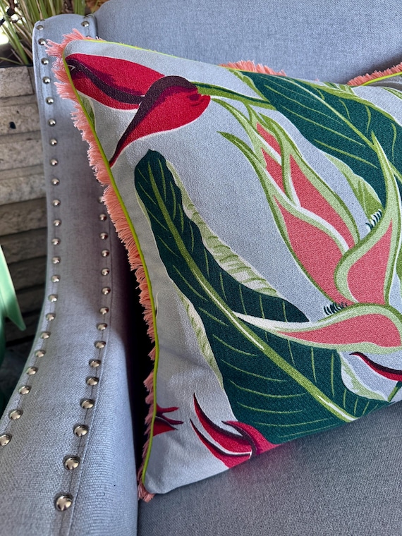 Succulent Coral Tangerines Heliconias! Miami Beach 1940's Art Deco Mid Century Barkcloth Fabric PILLOW
