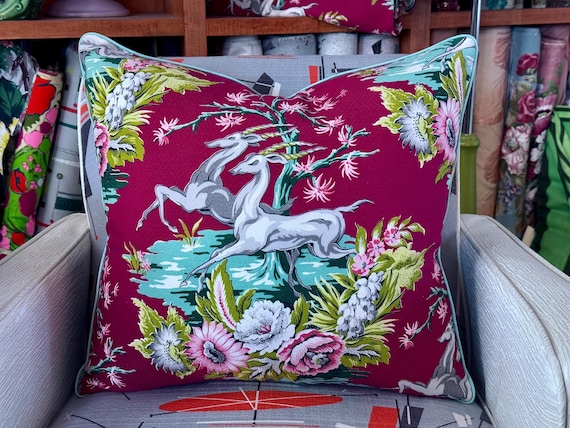 Leaping Gazelles on Dark Raspberry Art Deco Miami Beach Mid Century Barkcloth Vintage PILLOW