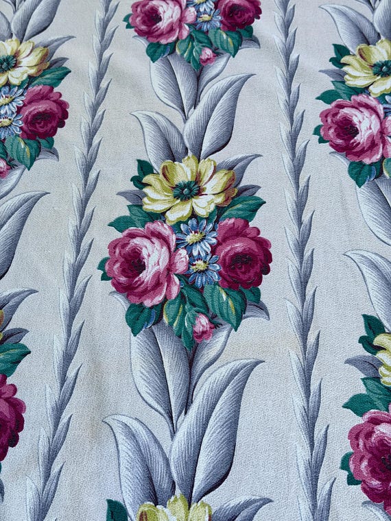 Obsessifed Storified Pink Roses  on Creamy White Glen Court Barkcloth Vintage Fabric Drape Curtain SIX Avail!