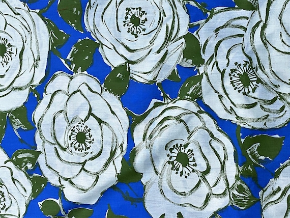 Celestial ROSES on Cobalt Van Gogh Style Abstract Vintage Fabric Yardage Rayon 1950's Old Stock for Upholstery Home Decor Garments