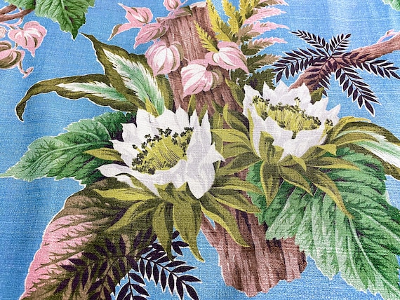 Key West Rustic Art Deco on Blue Gray Barkcloth Vintage Fabric Drape Curtain 30's Mid Century Cottage