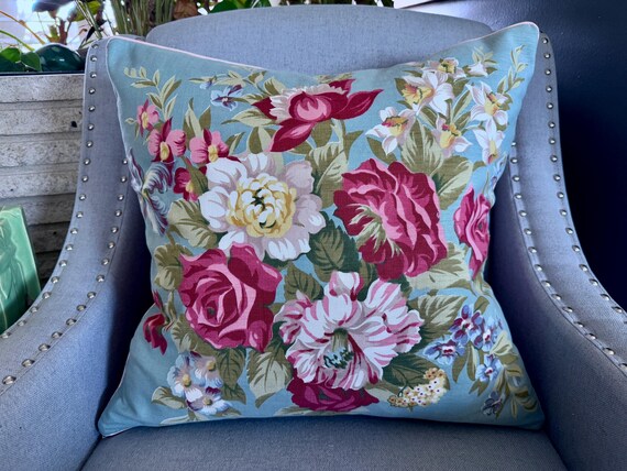 Abracadabra Roses on Palest Blue Hollywood Glamour Vintage Fabric Mid Century PILLOW
