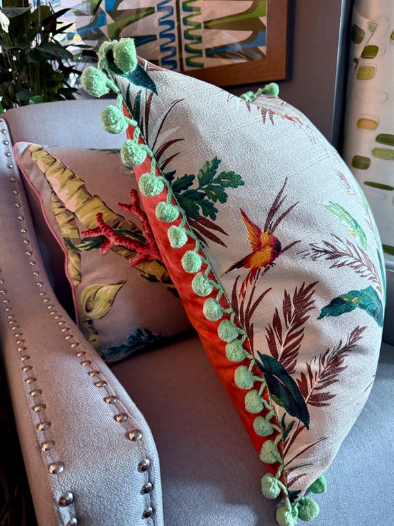 Cattails & Hummingbirds Miami Beach Art Deco Mid Century Barkcloth Fabric PILLOW Cushion