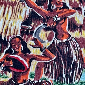 Tahiti South Pacific Barkcloth Vintage Fabric Island Life Scenes of Adventure RARE!!