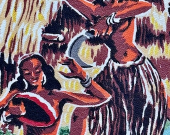 Tahiti South Pacific Barkcloth Vintage Fabric Island Life Scenes of Adventure RARE!!
