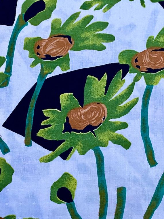 4YDS Signed 1961 Abstract Waterlilies Vintage Fabric Yardage Turquoise & Limes
